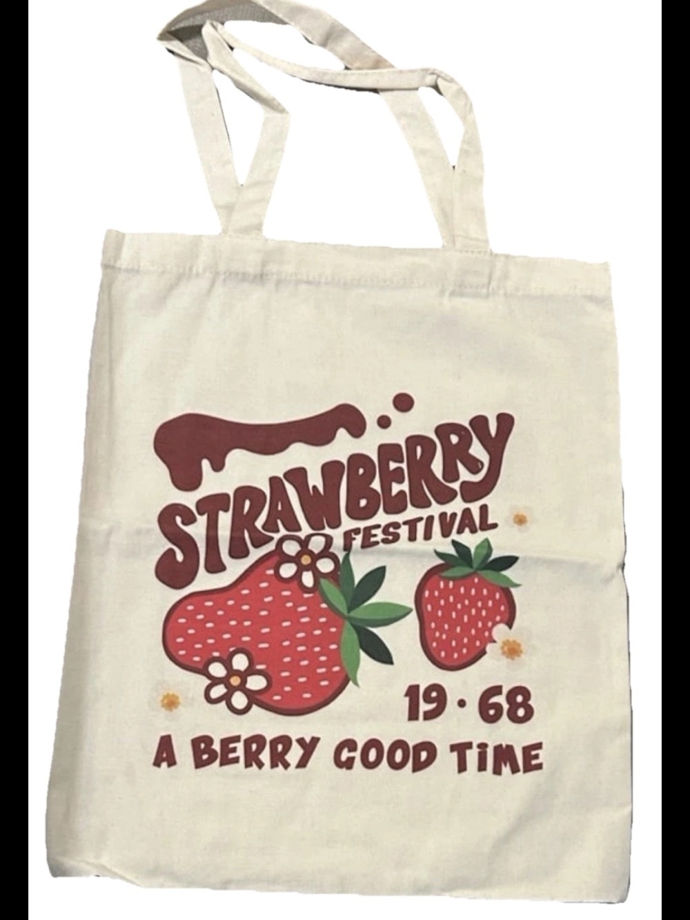 Strawberry Festival Graphic Canvas Tote - Cream with Red & Green